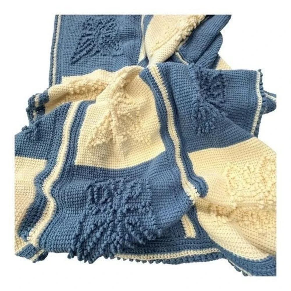 Handmade Crochet Butterfly Afghan Throw Blanket 54x68 Blue Cream Cottagecore